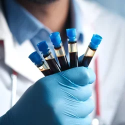 A hand wearing a blue glove holds a vial of blood.