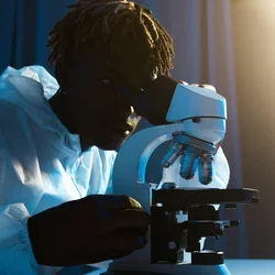 A researcher looks into a microscope.
