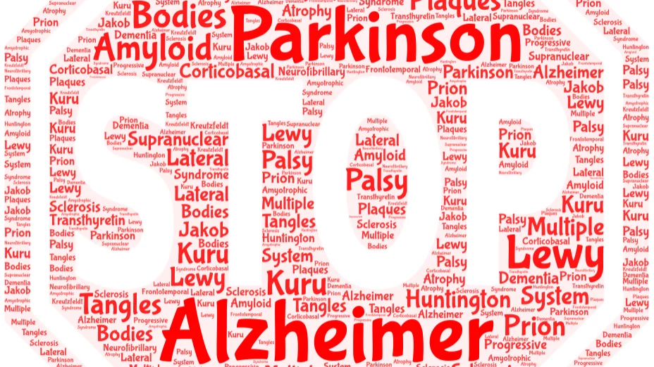 A stop sign shows various amyloidoses listed in a word cloud.